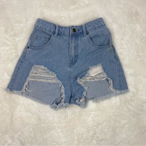 Pretty Little Thing Blue Distressed High Rise Shorts